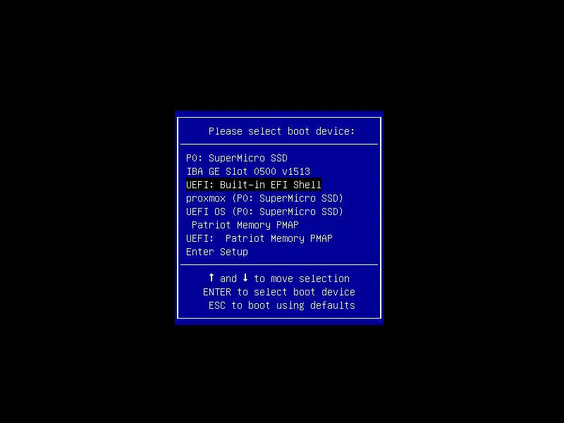 Boot device selection screen